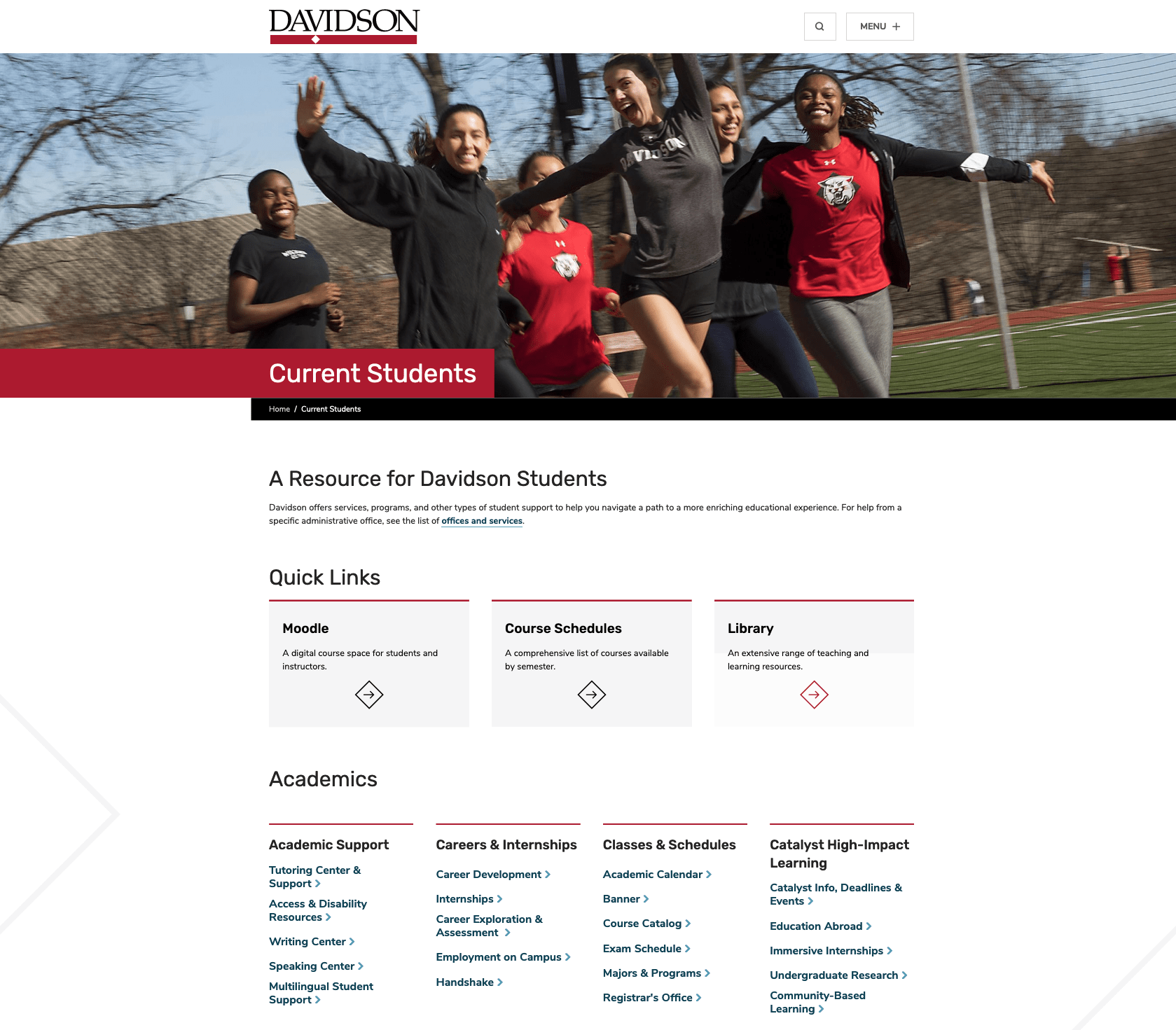 Current Students Gateway Page on Davidson.edu