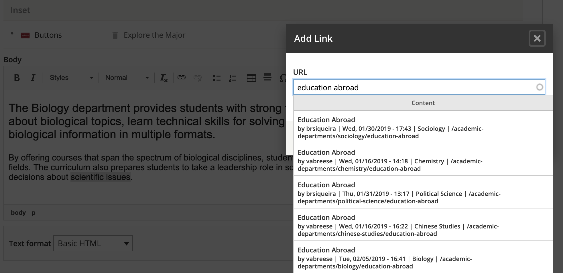 Screenshot the CMS showing a link search bar and its results
