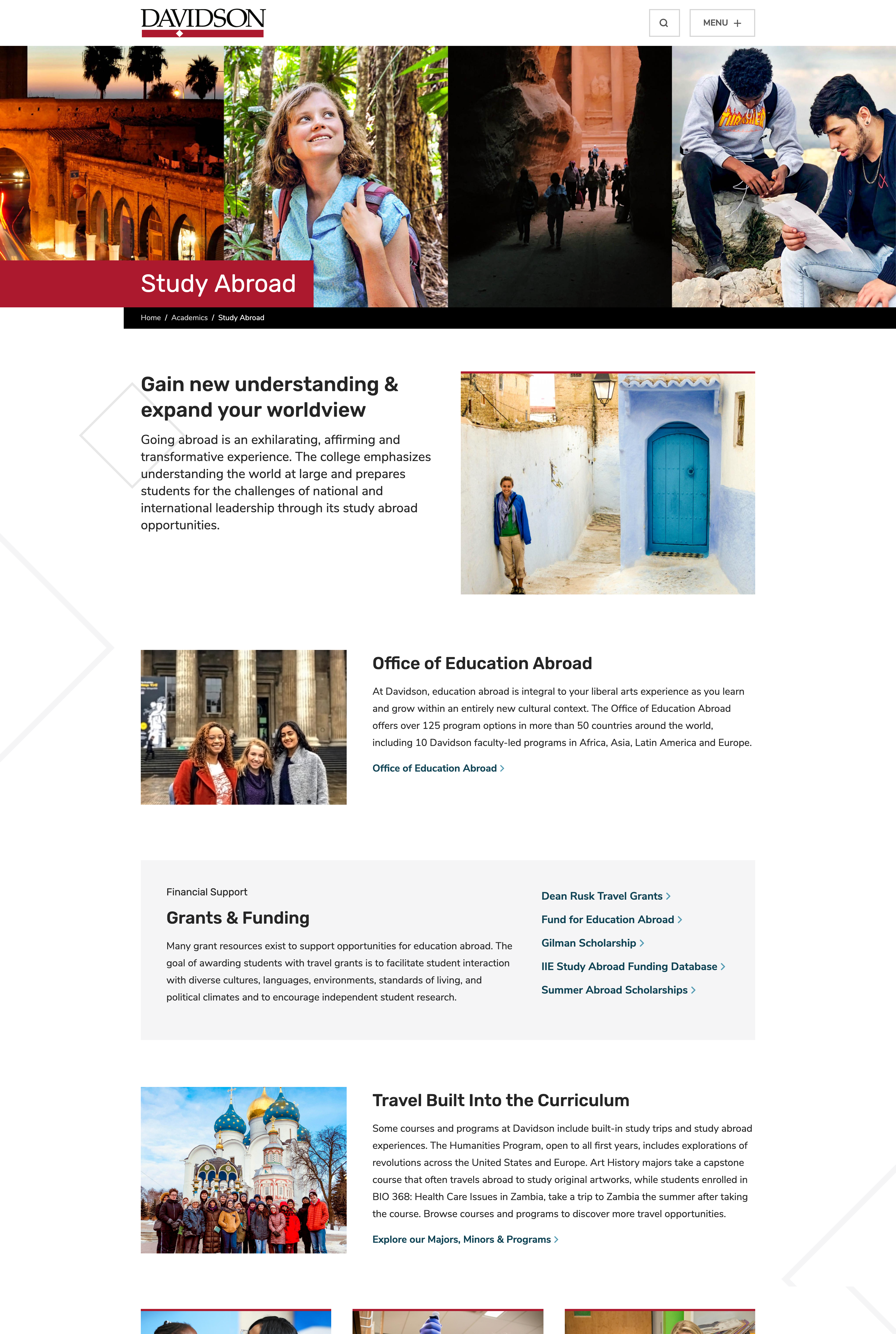 Screenshot of Study Abroad page on Davidson.edu