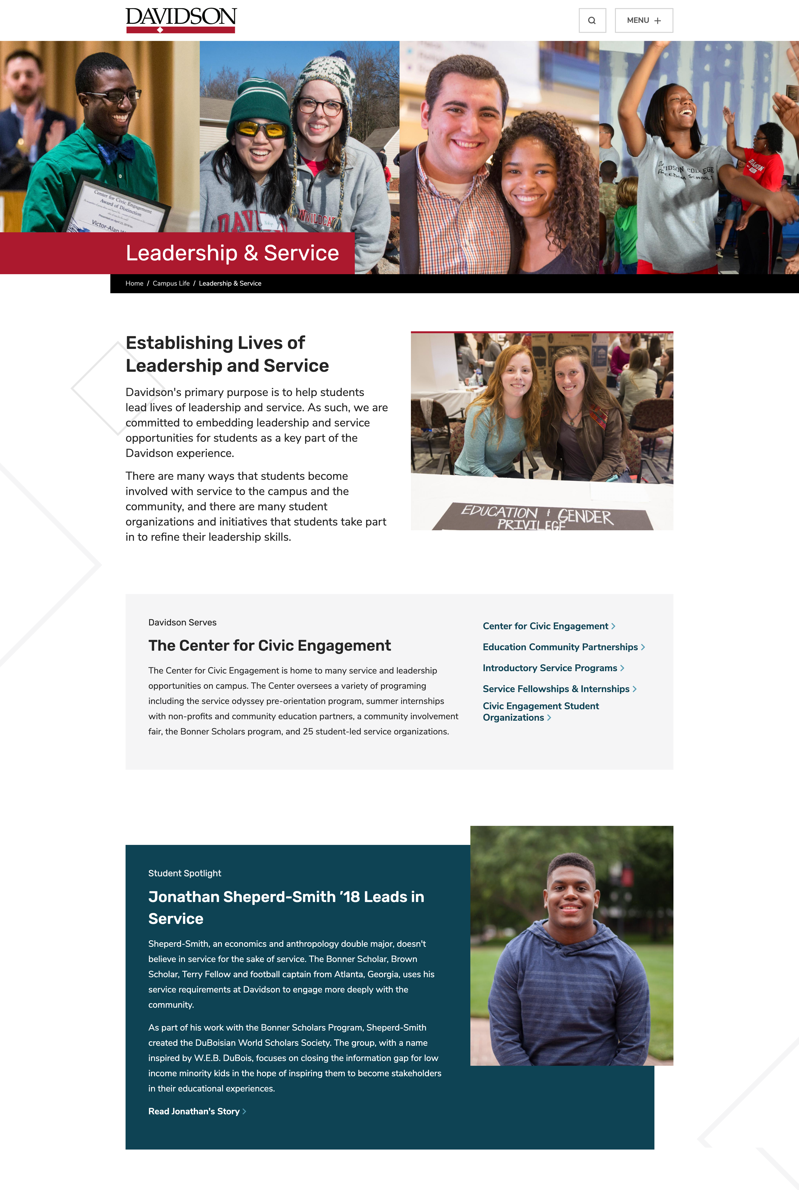 Screenshot of Leadership & Service page on Davidson.edu