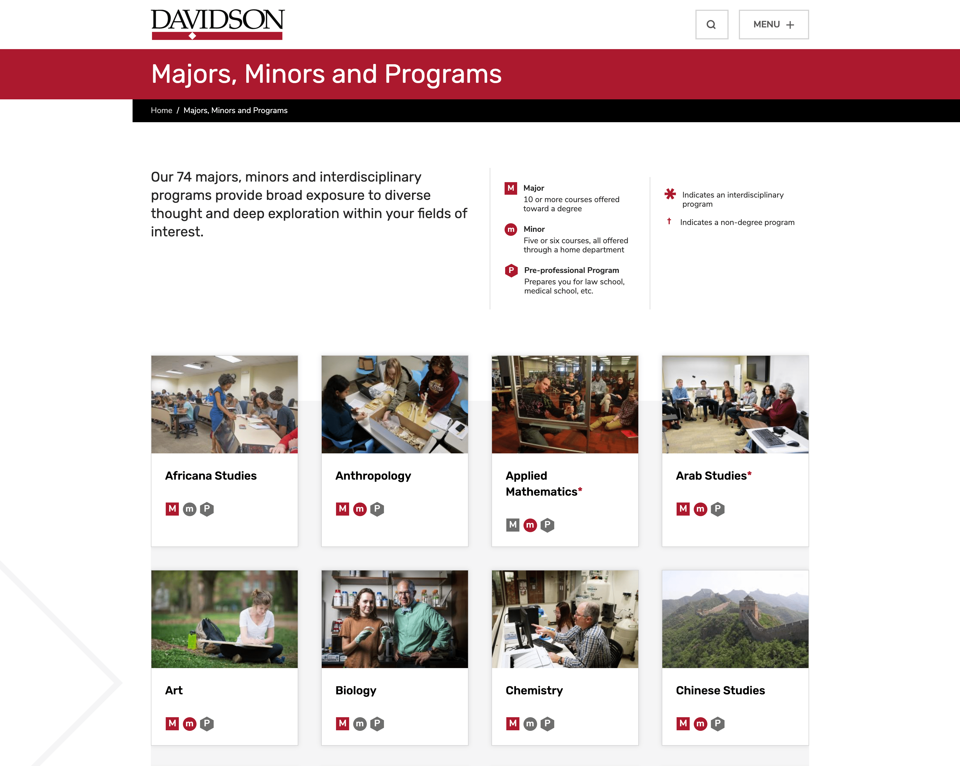 Screenshot of Majors, Minors & Programs page