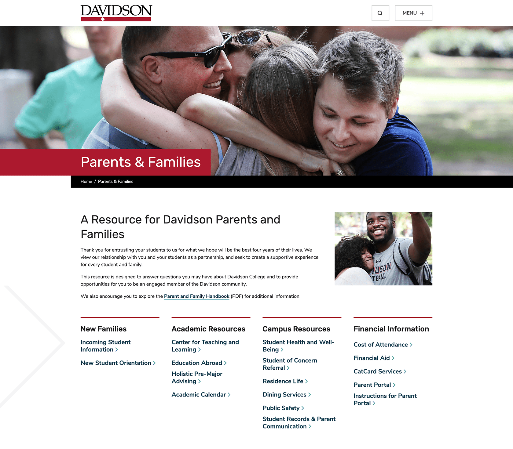 Screenshot of Parents & Families Gateway Page on Davidson.edu