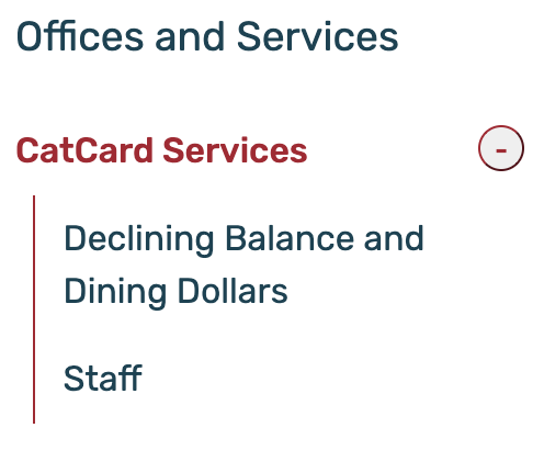Screenshot of CatCard Services Navigation on Davidson.edu