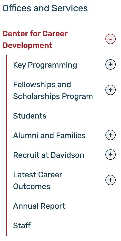 Screenshot of Career Development Services Navigation on Davidson.edu