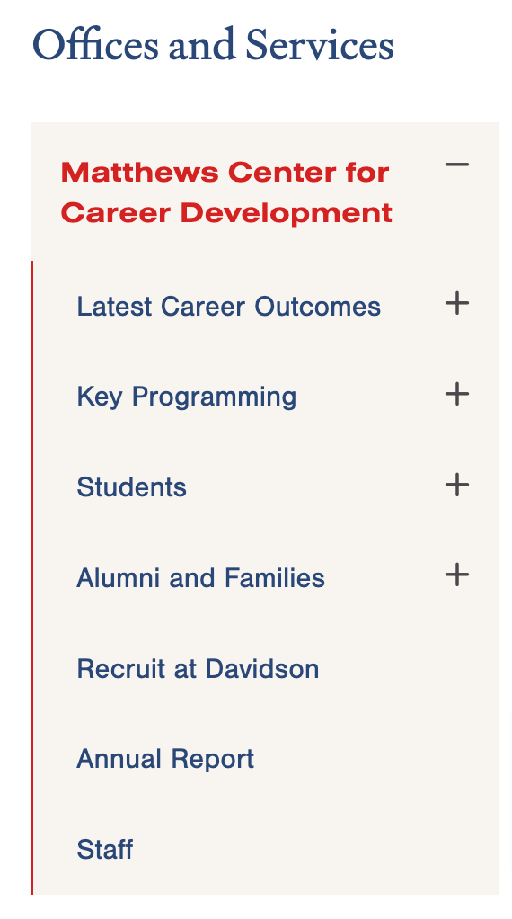 a navigation bar on a website that reads "Offices and Services: Matthews Center for Career Development" and lists subpages below it