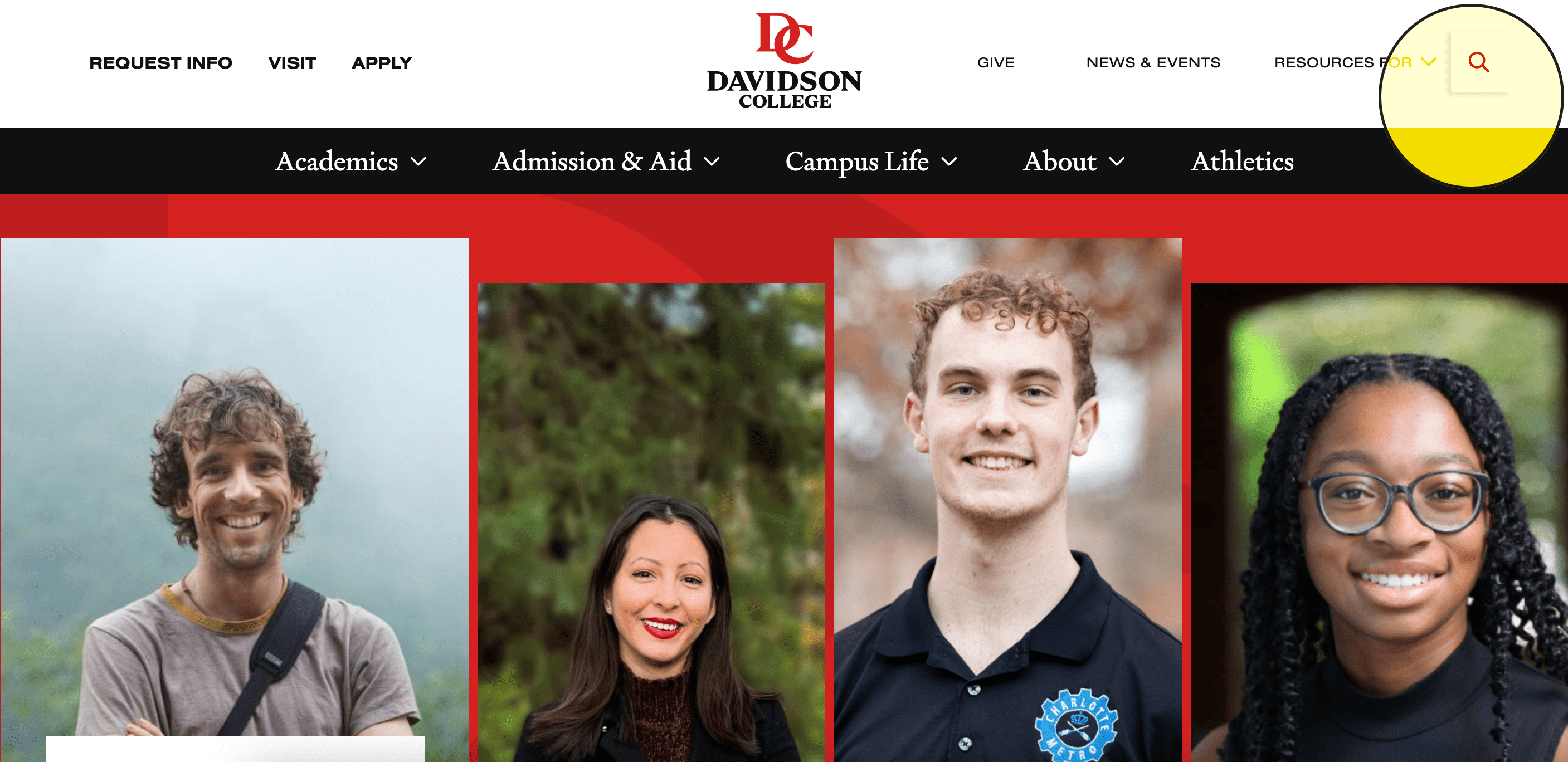 Davidson.edu homepage with navigation and search bar highlighted (top right corner)