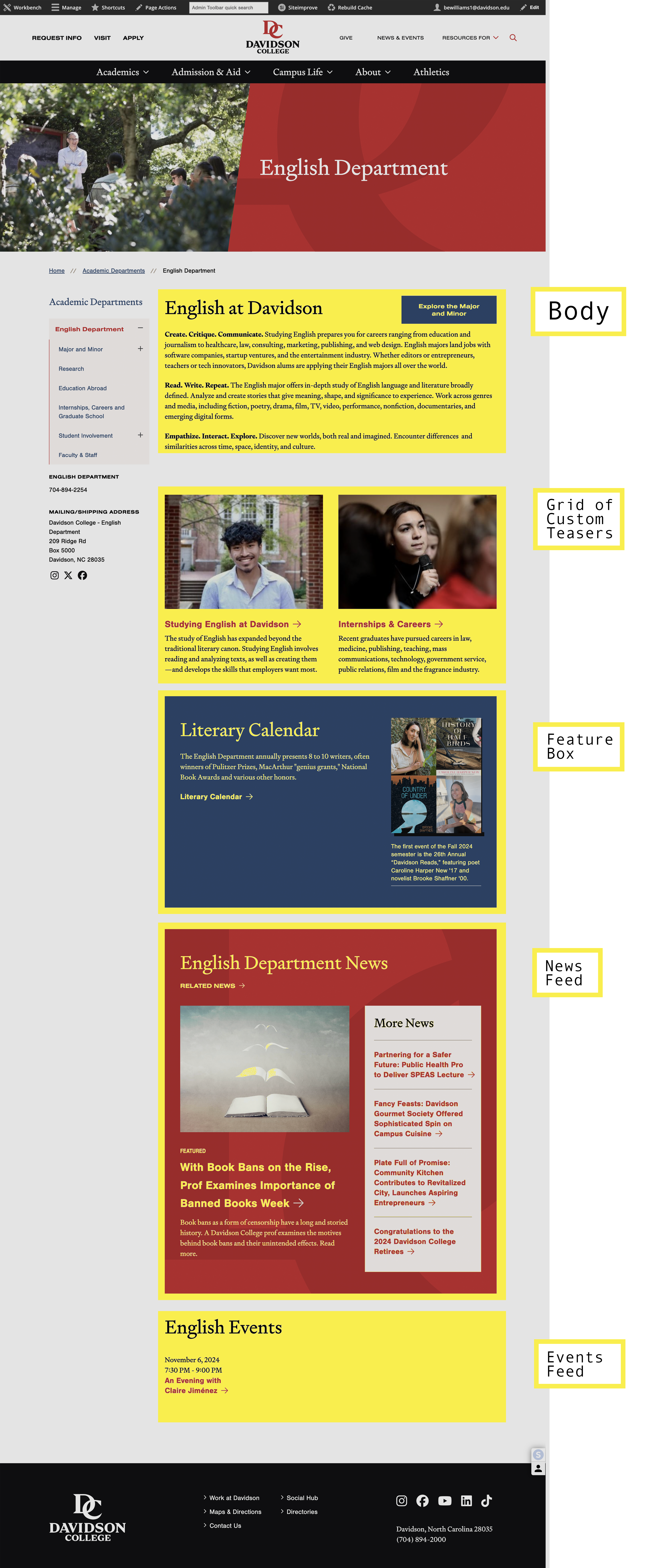 English Department page with yellow boxes highlighting components