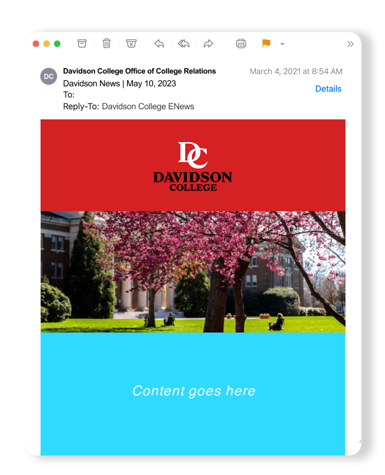 Mockup of an email with a red header and the Davidson College primary lockup at the top