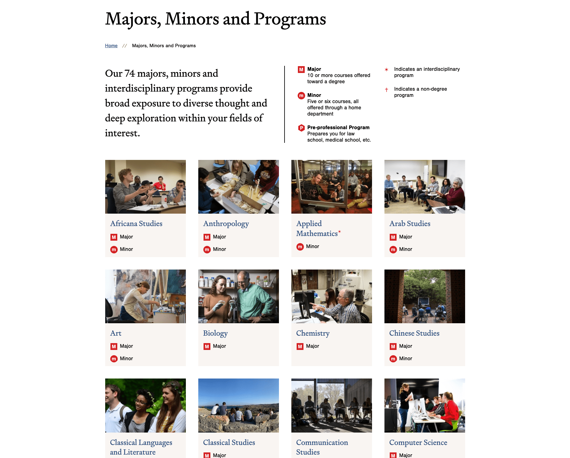 Majors, Minors and Programs on Davidson.edu screenshot of majors, Minors and Programs webpage on davidson.edu
