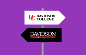 Street sign with old Davidson logo pointing backwards and new logo pointing forwards