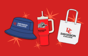 Illustration of bucket hat, cup, and tote bag with Davidson College branding